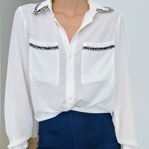 Off White and Black Fringe Trim Button Up Blouse XS